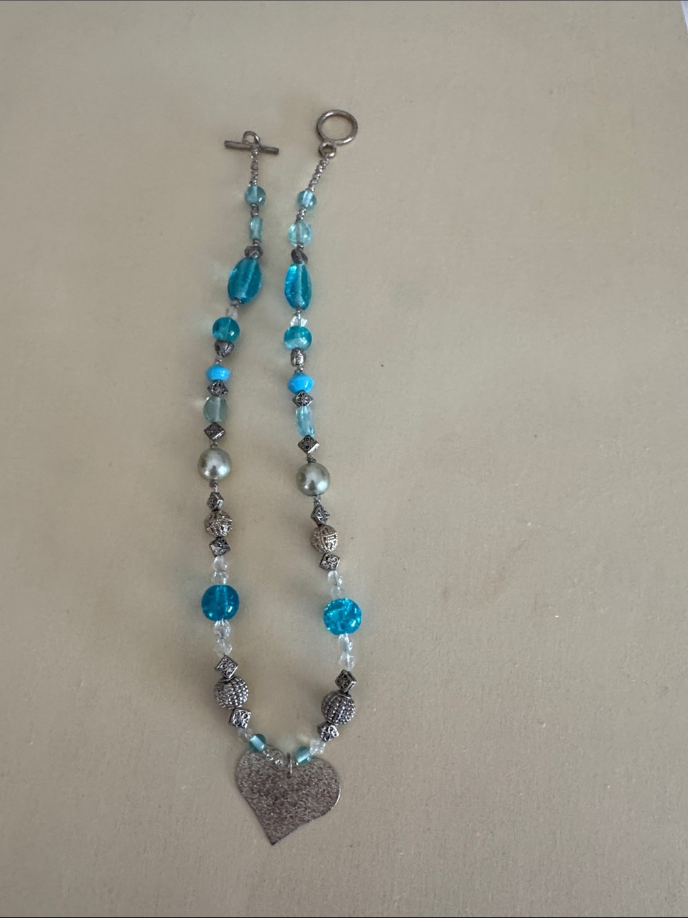 Handmade Blue Beaded Heart Pendant Necklace